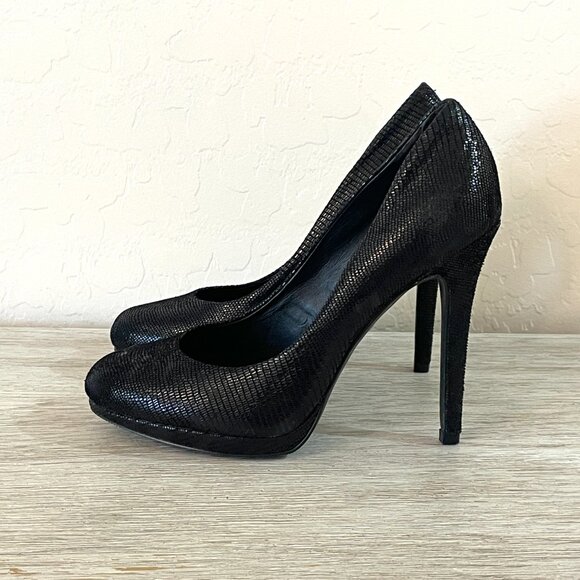 INC International Concepts Louie Black Leather Platform Heels Pumps 6 Worn Once - Picture 7 of 11